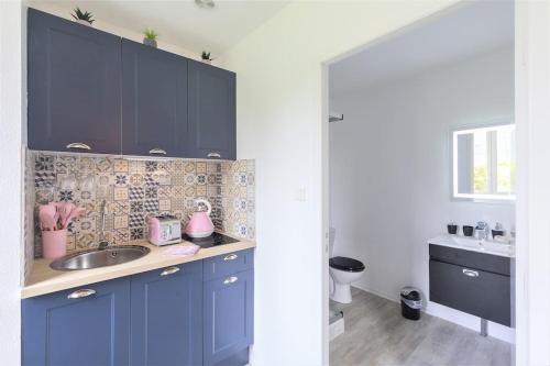 a kitchen with blue cabinets and a sink at LE GLAMOUR *STUDIO *PARKING PRIVE* *WIFI*CALME* in Lourdes