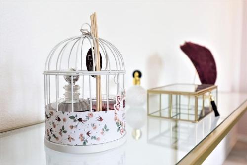 a bird cage with a clock in it on a table at LE GLAMOUR *STUDIO *PARKING PRIVE* *WIFI*CALME* in Lourdes