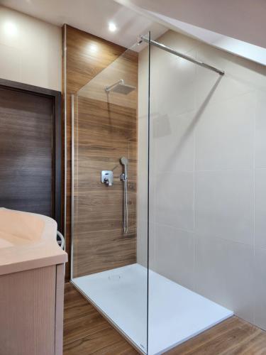 a shower with a glass door in a bathroom at Vila Rajska ptica in Bled