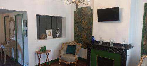 a living room with a fireplace and a tv at Villa Hortensia in Bagnères-de-Bigorre