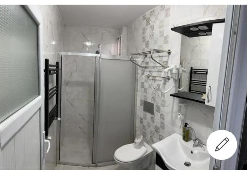 a small bathroom with a shower and a sink at Palmas Apart in Istanbul