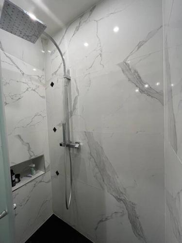 uma casa de banho com chuveiro e paredes em mármore em Studio Champs Élysées em Paris
