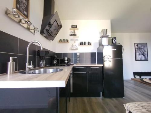 a kitchen with a sink and a refrigerator at LE DEAUVILLE *T2 (40m²) *WIFI*PARKING PRIVE*CALME in Lourdes