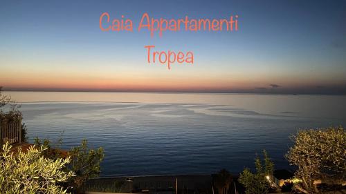 a view of the ocean at sunset with the words cafe apartment tropico at Caia Appartamenti Tropea in Tropea