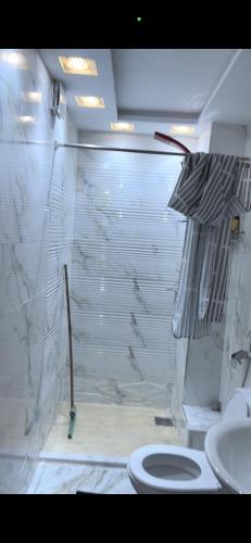 La salle de bains est pourvue de toilettes et d'une paroi en verre. dans l'établissement apartment 100m2 center malabata, à Tanger