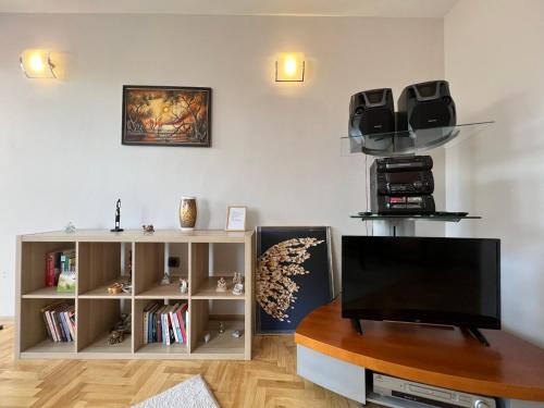 uma sala de estar com televisão e uma estante de livros em Lugano Couples Quiet Apt w Free Street Parking em Sófia