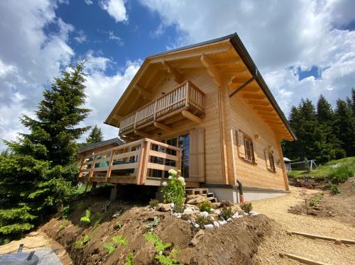 uma casa de madeira com uma varanda numa colina em Chalet Montana Royal XL Koralpe em Hartelsberg