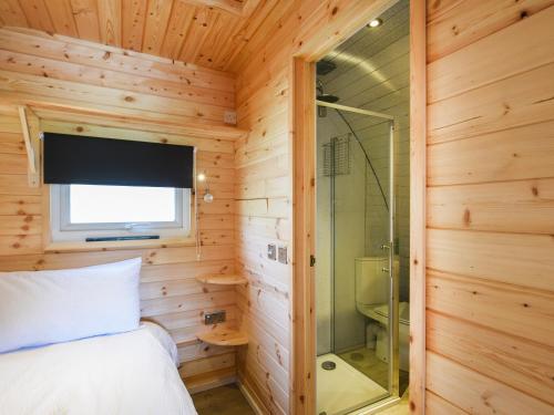 1 dormitorio con ducha, 1 cama y ventana en Barcud Coch - Uk44539 en Hirnant