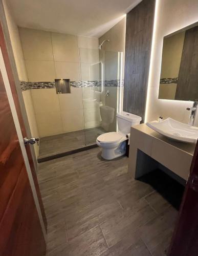 Tecamachalco的住宿－LA FUNDICIóN，一间带卫生间、水槽和镜子的浴室