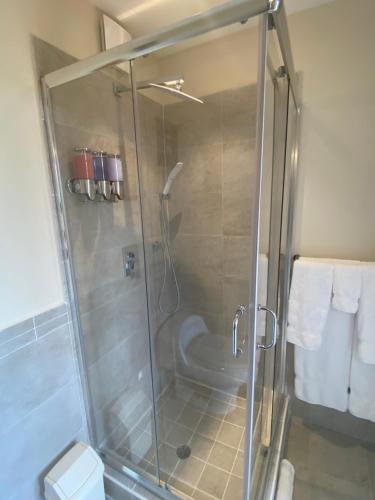 a shower with a glass door in a bathroom at Memwa Villas in Castries