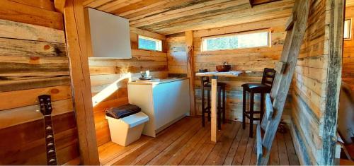 本赫沃的住宿－Unique off-grid cabin in raw nature: Bucephalus，小木屋内的小厨房,配有柜台