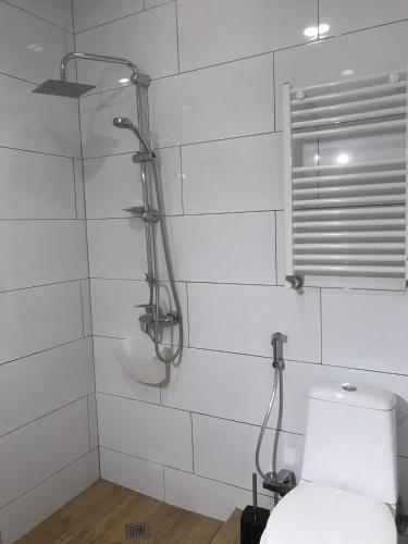 a shower in a white tiled bathroom with a toilet at Aparthotel Old Avenue in Tbilisi City