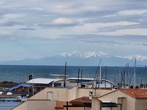 een jachthaven met boten in het water en de bergen bij Appartement in Cap d'Agde