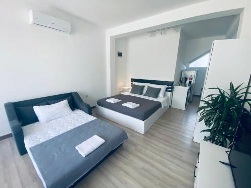 a bedroom with two beds and a potted plant at Guest House Stojanoski in Ohrid