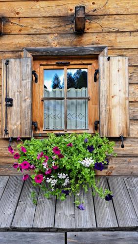 a window on the side of a wooden house with flowers at Chalet Bergliebe Turrach in Turracher Hohe
