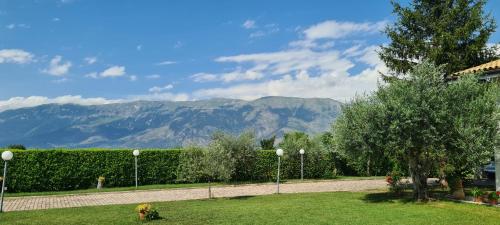 a park with a hedge and a tree and mountains at Green Paradise in Sulmona