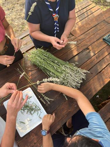 a group of people sitting around a picnic table making flowers at Terrae Eremis: Ristorante, Bar, B&B in Roccamorice