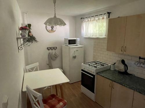 uma cozinha com um fogão branco e um frigorífico branco em Apartmán Vendy em Karlovy Vary