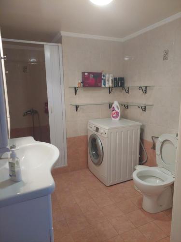 een badkamer met een wasmachine en een toilet bij Depys' View in Chios