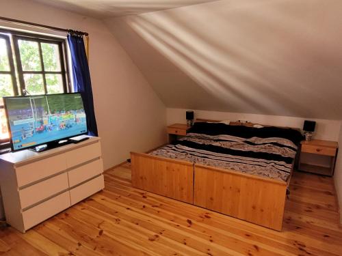a bedroom with a bed and a flat screen tv at Domek murowany w Dolinie Symsarny in Lidzbark Warmiński
