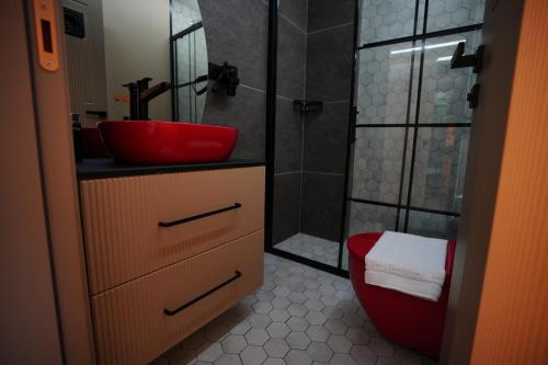 a bathroom with a red sink and a shower at luxury suite 13 in Istanbul
