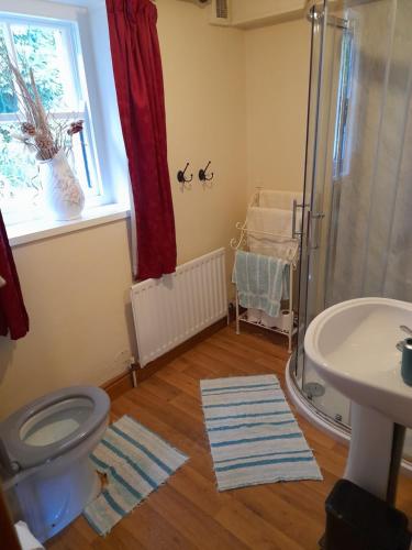 Un baño con ducha, inodoro y lavabo. en Moira Cottages @Berwickhall Sleeps 12, en Moira