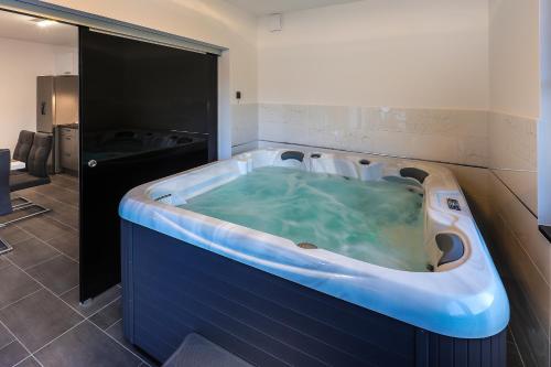 een hot tub in een badkamer met een blauw bad bij Villa Rene in Jadranovo