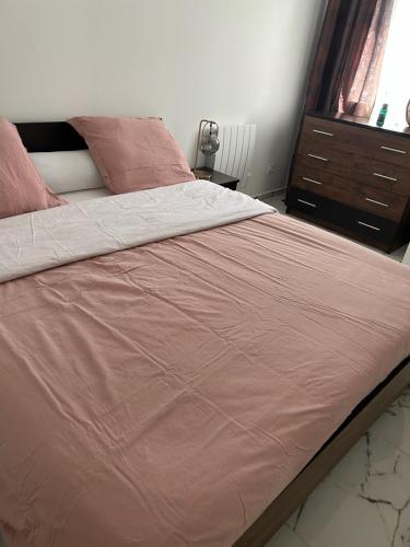 - un lit avec une couette rose dans une chambre dans l'établissement logement entier: suite chez Vanessa, à Décines-Charpieu