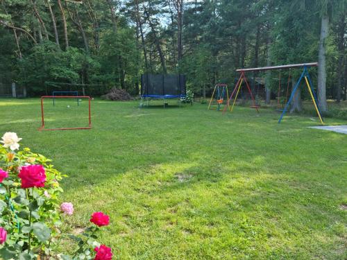 a yard with two swings and a play area with roses at Pokoje goscinne Maciej in Rozewie