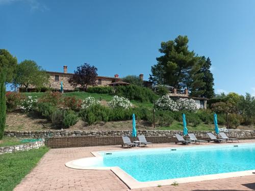 uma piscina com cadeiras e guarda-sóis em Country House La Collina di Bargiano - Casa Raffaella em Allerona