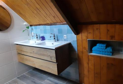 ein Bad mit einem Waschbecken und blauen Fliesen in der Unterkunft Rustiek Andijk in Andijk