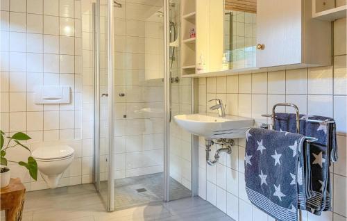 a bathroom with a shower and a sink and a toilet at Awesome Home In Dabel With Wifi in Dabel