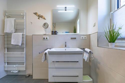 La salle de bains est pourvue d'un lavabo et d'un miroir. dans l'établissement Meeresblick "Emmas Kajüte" Haus 3, WE 36, à Hohwacht
