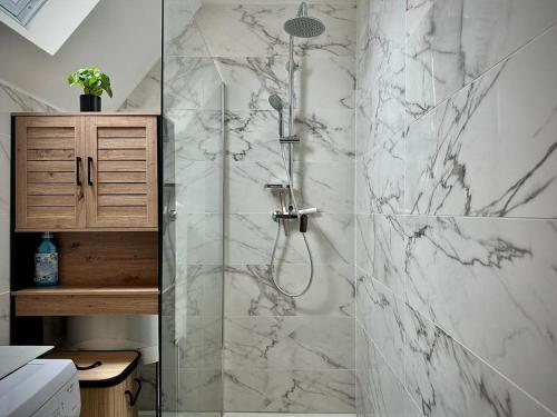 a bathroom with a shower with a glass door at La Perle in Montargis