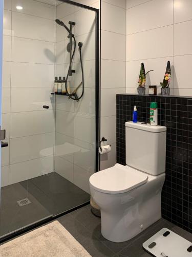 a bathroom with a toilet and a glass shower at Tuggeranong Village in Tuggeranong