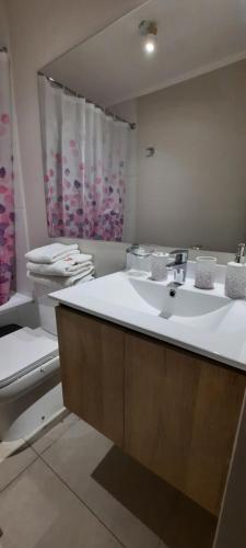 une salle de bain avec un lavabo et un miroir et des toilettes dans l'établissement Pucón Soñado Te Espera, à Pucón