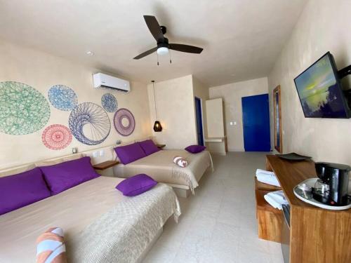 a living room with two beds and a ceiling fan at sunsteps purple room in Holbox Island