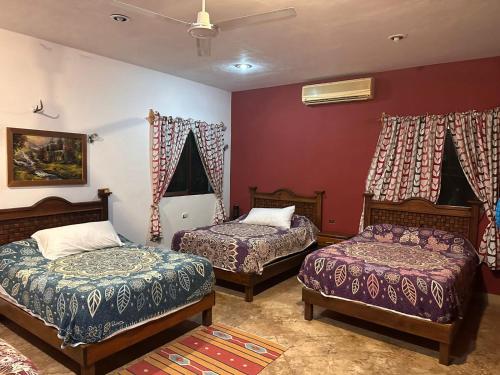 two beds in a room with red walls at Finca Oz in Homún