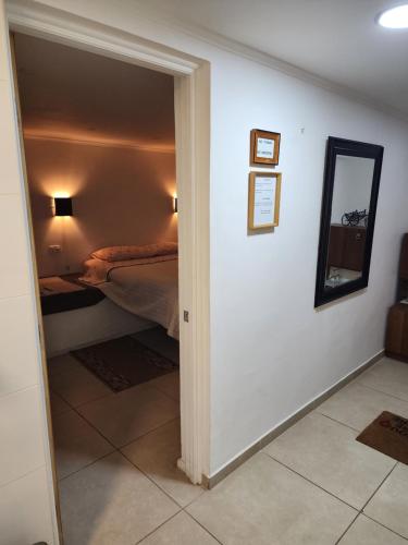 1 dormitorio con cama y espejo en la pared en Lomas Suites, en La Africana