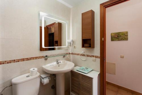 łazienka z umywalką, toaletą i lustrem w obiekcie Vivienda Vacacional Orquidea w Corralejo