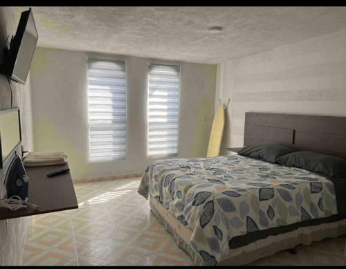 - une chambre avec un lit et 2 fenêtres dans l'établissement 1 casa cochera 2 recamaras centrica, à Torreón