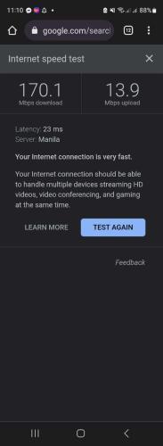 a screenshot of the internet speed test on a computer screen at White Summerville Tourist Inn in Busuanga