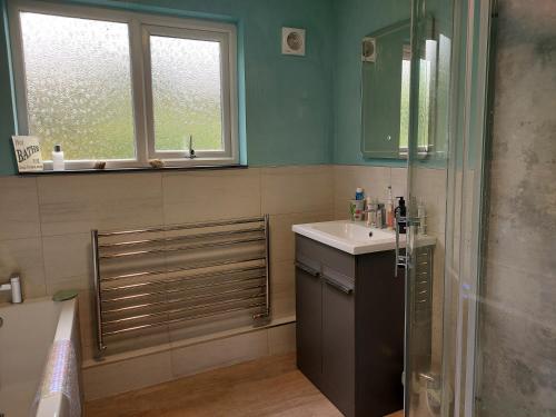a bathroom with a sink and a shower at Heightley House in Tintagel