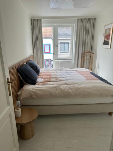 1 dormitorio con 1 cama grande y ventana en Villa Marguerite, en Ostende