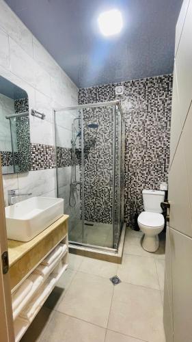 a bathroom with a shower and a sink and a toilet at DADIANI Inn in Zugdidi