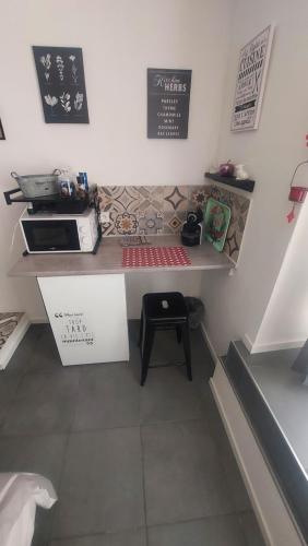 una piccola cucina con bancone e forno a microonde di Studio avec salle d'eau, wc et coin cuisine a Signes