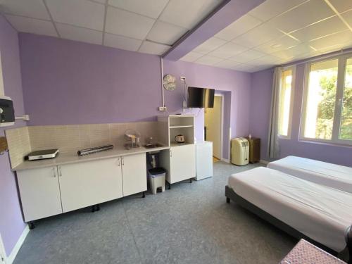 a bedroom with a bed and a purple wall at Domaine des Anges in Amélie-les-Bains-Palalda