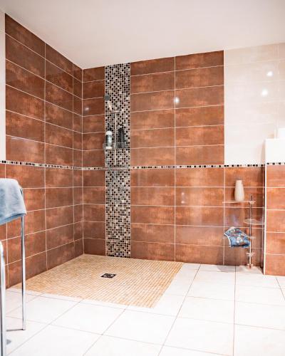 La salle de bains est pourvue d'une douche avec du carrelage brun. dans l'établissement Le Fauverney Lodge, à Fauverney