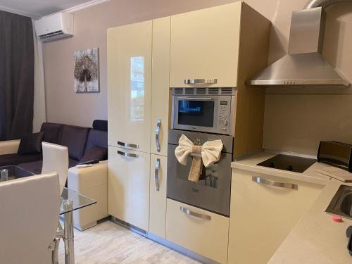 eine Küche mit einem Kühlschrank und einer Mikrowelle in der Unterkunft Iva Luxury Apartament in Ruse