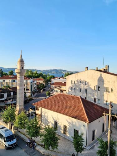 an aerial view of a city with a clock tower at Hotel Ipekyolu in Sapanca